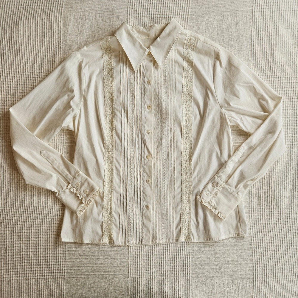 Vintage Style Tuxedo Shirt Lace Pintuck Ruffle Cuff Blouse Cream Women L